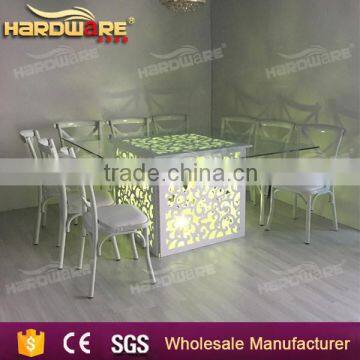 white wedding led table , square dining white table , glass top white table