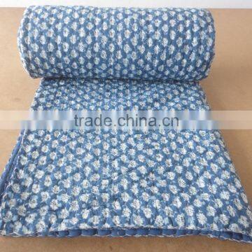 Indian Block Print Indigo Blue Kantha Quilt Jaipuri Razai