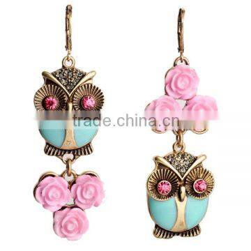 Lovely little owls long drop earring, zinc alloy pink flower owls pendant earring set