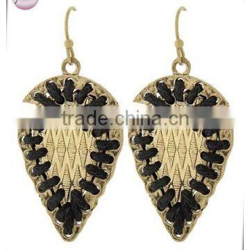 Antique Matte Gold Tone Black Cord Metal Fish Hook Dangle Earring Set