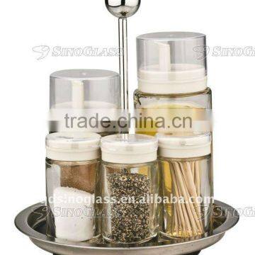 SINOGLASS 5pcs Doris Round Glass spice and oil Salad Dressing Rack Set