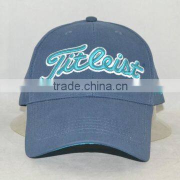 Professional custom 6 panel cap in dark blue with light blue embroidery trademark