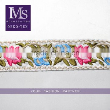 Fashion design polyester 6.5cm width floral embroidery ribbon for garment