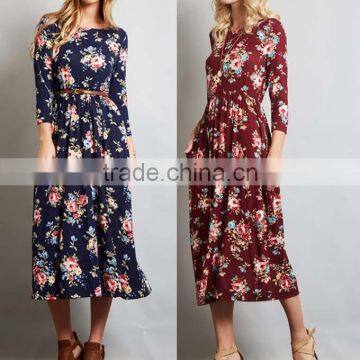 private label long sleeve floral pocket midi length fashion US size women dresses 2017 summer