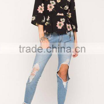 New Designs Ladies Fashion Deep v Neck 3/4 Sleeveless Floral Print Surplice Wrap Blouse