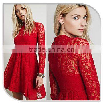 2015 New Fashion Wedding Dress Long Sleeve Red Lace Dress Lace Crochet Evening Dress photo-2