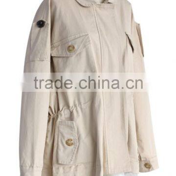 Beige Color Concealed Zip Button Closured Front Women Short Plus Size Coat With Lace photo-5