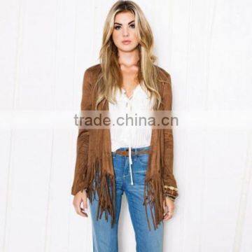 Women's Boho Fringe Brown Faux Suede Cardigan Bohemia Shirt Lightweight Jacket