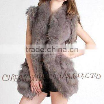 CX-G-B-203 Long Genuine Ladies Rabbit Fur Vest With Racoon Fur Trim ~ Casual Wear photo-4