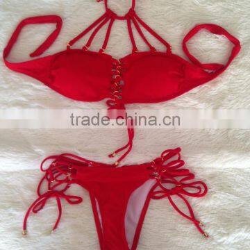 M864 Dingyang Fashion Sexy Halter Bandage Hollow Metal Button Split Bikini Swimwear photo-3