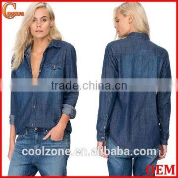 Contrast topstitch relaxed fit denim shirt women chest pocket denim shirt