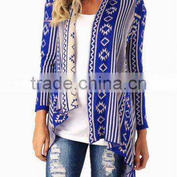 BLUE TAUPE TRIBAL PRINT FRINGE HEM OPEN MATERNITY CARDIGAN