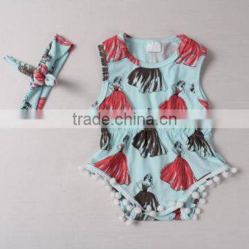 fashionable beauty pattern baby girl summer rompers with pom pom