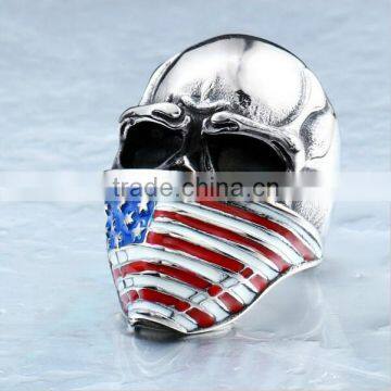 Mens Punk Goth Skull Ring Patriotic Stars Stripes Honor American Flag Bandit Biker Stainless Steel Ring Size 8-14