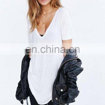 China Wholesale Short Sleeve V Neck Longline Blank Women Custom T Shirt