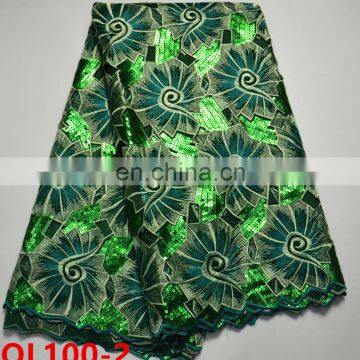 Green Organza African Lace Fabric With Sequins, Indian Chemical Lace Fabric For wedding dresses