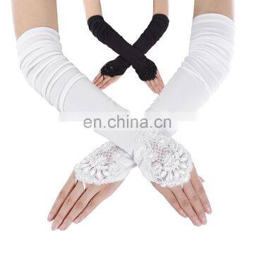 Grace Karin Womens 19" Lace Embellished Pleated Black And White color Fingerless Gloves Bridal Wedding Gloves CL010471