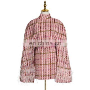 TWOTWINSTYLE Patchwork Feathers Diamonds Plaid Women's Coats Turtleneck Cloak Sleeve High Waist With Sashes