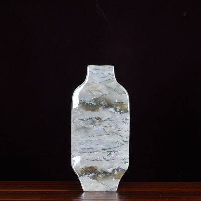 Marble Applique Countryside Style Flat Grey Gold Ceramic Vase For Coffee Shop Decor photo-3