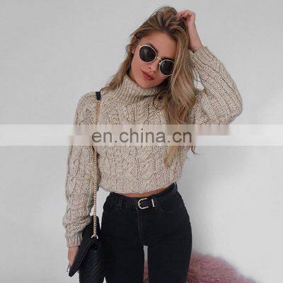 Winter Fashion Women Casual Turtleneck Pure Color Knitted Crop Top Sweater