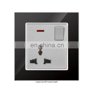 Fashion new design golden red black frame glass panel 3-pin IF with/without neon light electrical wall switch socket panel