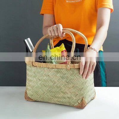 Best selling Handmade bamboo woven storage basket with handle vegetable retro shopping basket Wholesale Made in Vietnam