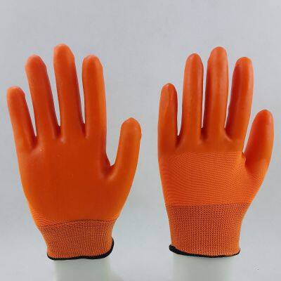 orange polyester thread knitted PVC palm and fingers coated water-proof safety work gloves