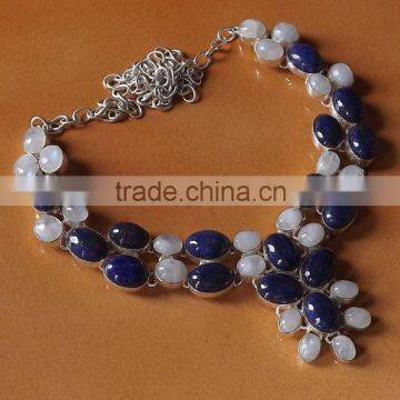 Rainbow Moonstone, Lapis Lazuli Necklace plated 925 Sterling Silver 80 Gms 18-20 Inches