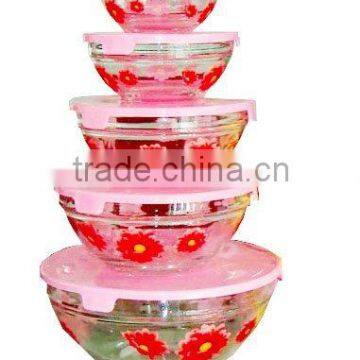 5pcs glass bowl set with fresh flower design,5pcs storage bowl