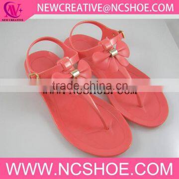 colorful nude flat ladies t-shape sandals with bowknot