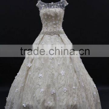 New Silver Thread Over Lace Ball Gown Wedding Dress With Beading Belt