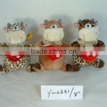 8" customized beautiful valentine soft plush stuffed 3-colour cow animal toy with red heart pillow