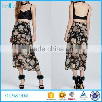 China women clothing manufacturer floral print ladies high waist pleated maxi skirt