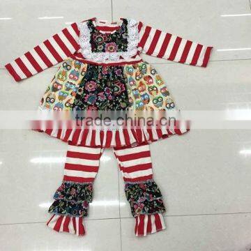 2015 new design owl dress top boutique suit girls stripes pant long sleeves kids outfits super cute baby kids wear set