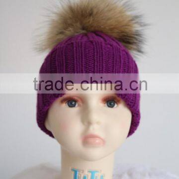 Baby Handmade purple funny Hats For Kids With Raccoon Fur Balls Knitted Baby Kids Hats