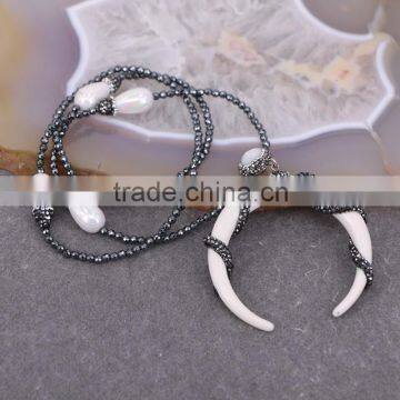 Fashion Drop Pearl Shell Gemstone Necklace, Double Horn Pendant Hematite Beads Necklace photo-4