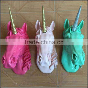 green and pink resin 3d unicorn mounted animal head with gold glitter horn