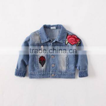 2017 Vintage kids denim jacket with big flower embroidery suit 2-7 years girls