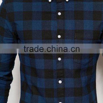 Man Skinny Shirt in Navy Buffalo Check With Long Sleeves photo-3