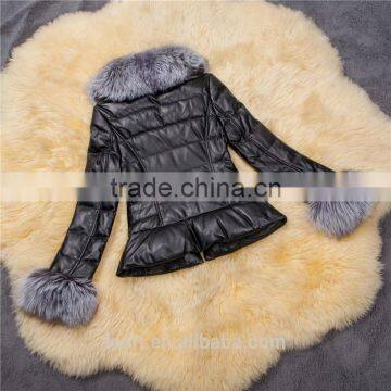 2016 New Women's Winter Fashion Imitation Faux Lether With Soft Faux Fox Fur Long Slim Fit Jacket Coat With Fox Fur Collar photo-5