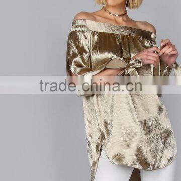 Runwaylover 5485 hot sale ladies satin golden slash long sleeve top