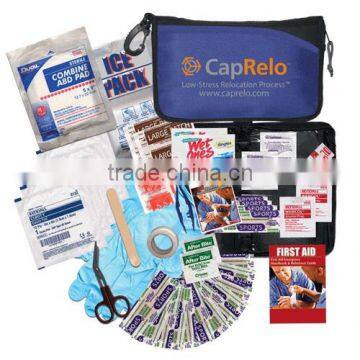 First Aid Kit - has ice pack, scissors, nitrile gloves, tweezers, ointment, antibacterial wipes and comes with your logo