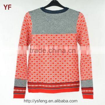 Red Gray Color White Spot Blended Wool Round Neck Knitted Sweater photo-2