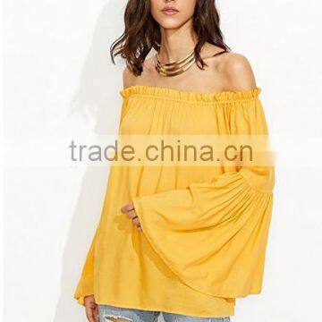 Women Lady Blouse Off Shoulder Pleated Ruffle Sleeve Blouse Top photo-4