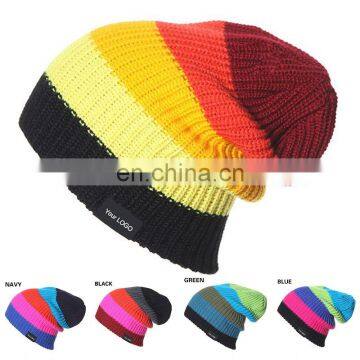 Custom Brand Winter Thick Skully Cold Hat Striped Cuffed Knit Beanie