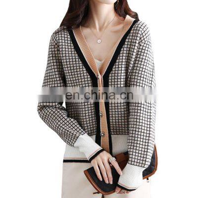 Women Fashion Plaid V Neck Jacquard Merino Wool Korean Style Casual Cardigan Sweater