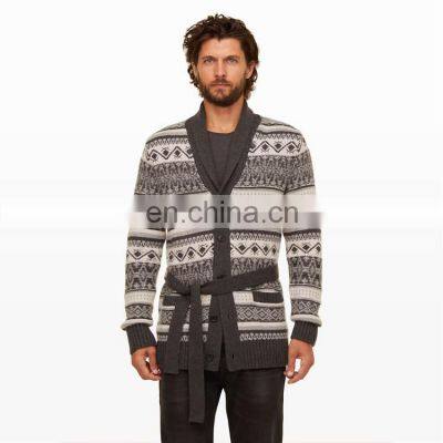 Poncho Neck Men's Intarsia Cardigan Sweater With belt