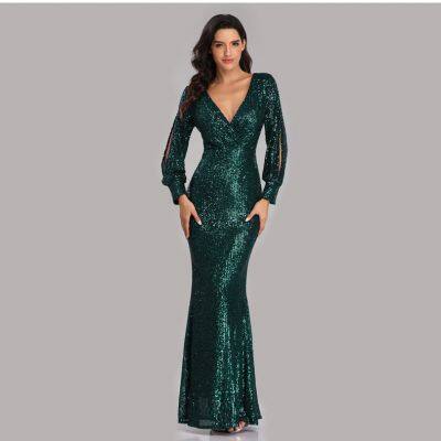 Womens Sexy Long Sleeve V Neck Embroidered Shining Sequins Evening Maxi Dress photo-4