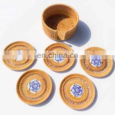 Handmade Set 6 Rattan Coasters Mix Ceramic