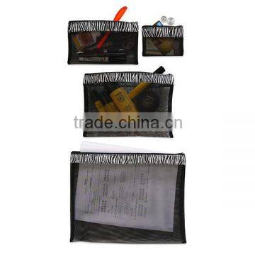 Multi Purpose 4 Pcs Mesh Bag Set Travel Cosmetics Organizer Business Card Organizer With Zebra Leather Trim photo-3